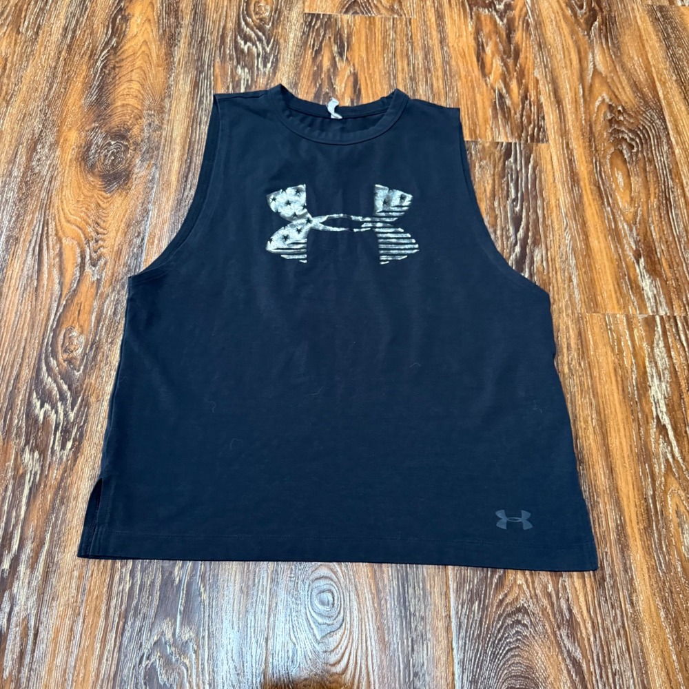Under Armour Womens S Black HeatGear American Flag Logo Muscle Tank Top Small SM